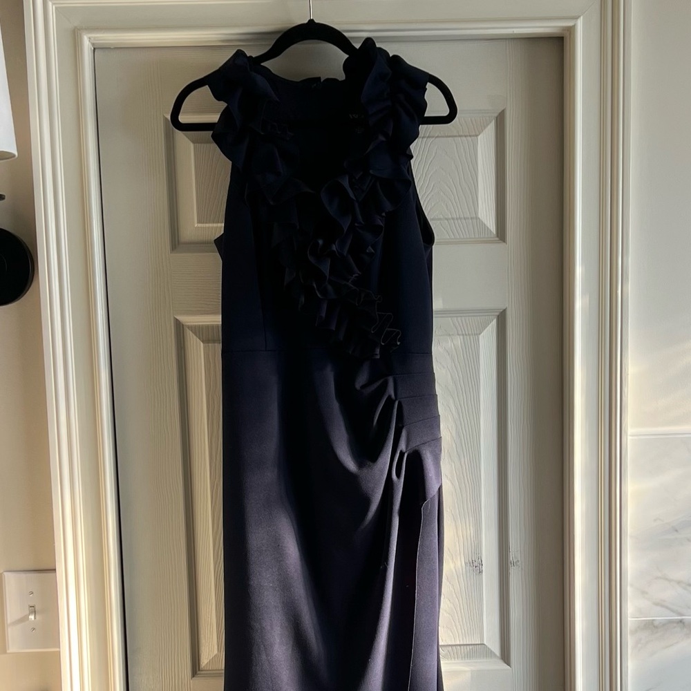 Elegant Navy Ruched Ruffle Dress